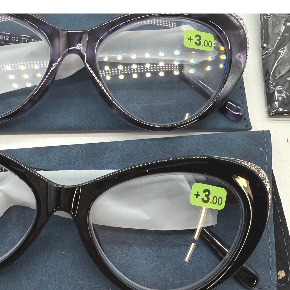 3 Pack Oversized Cat Eye Reading Glasses +3.00 Strength Rhinestone Accents 8812